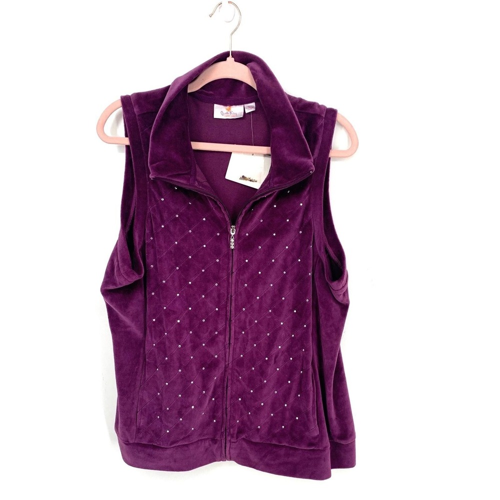 Quacker Factory L Plum Velour Rhinestone Quilted Zip Vest